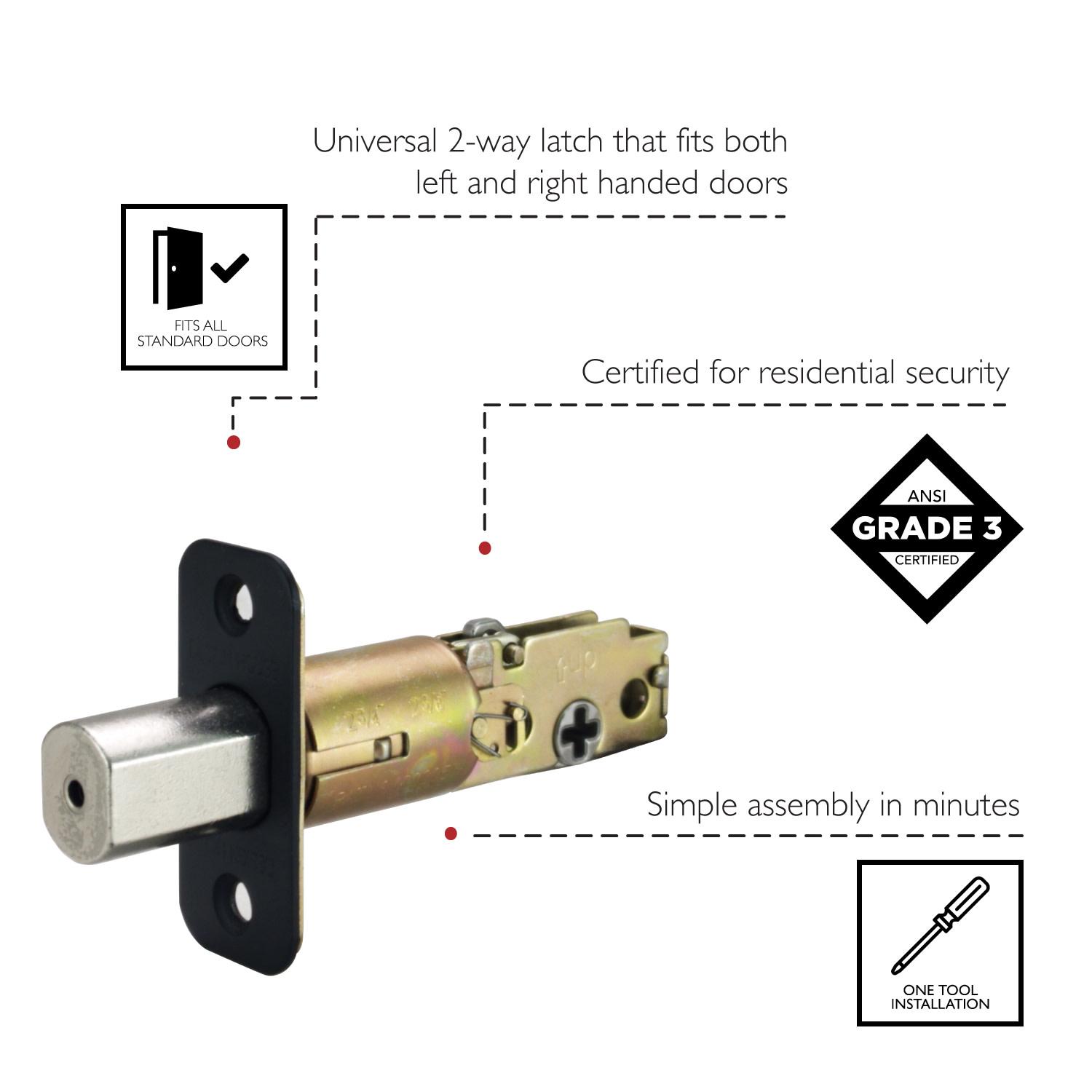 2Way Replacement Adjustable Deadbolt Latch Round Corner Matte Black ǀ