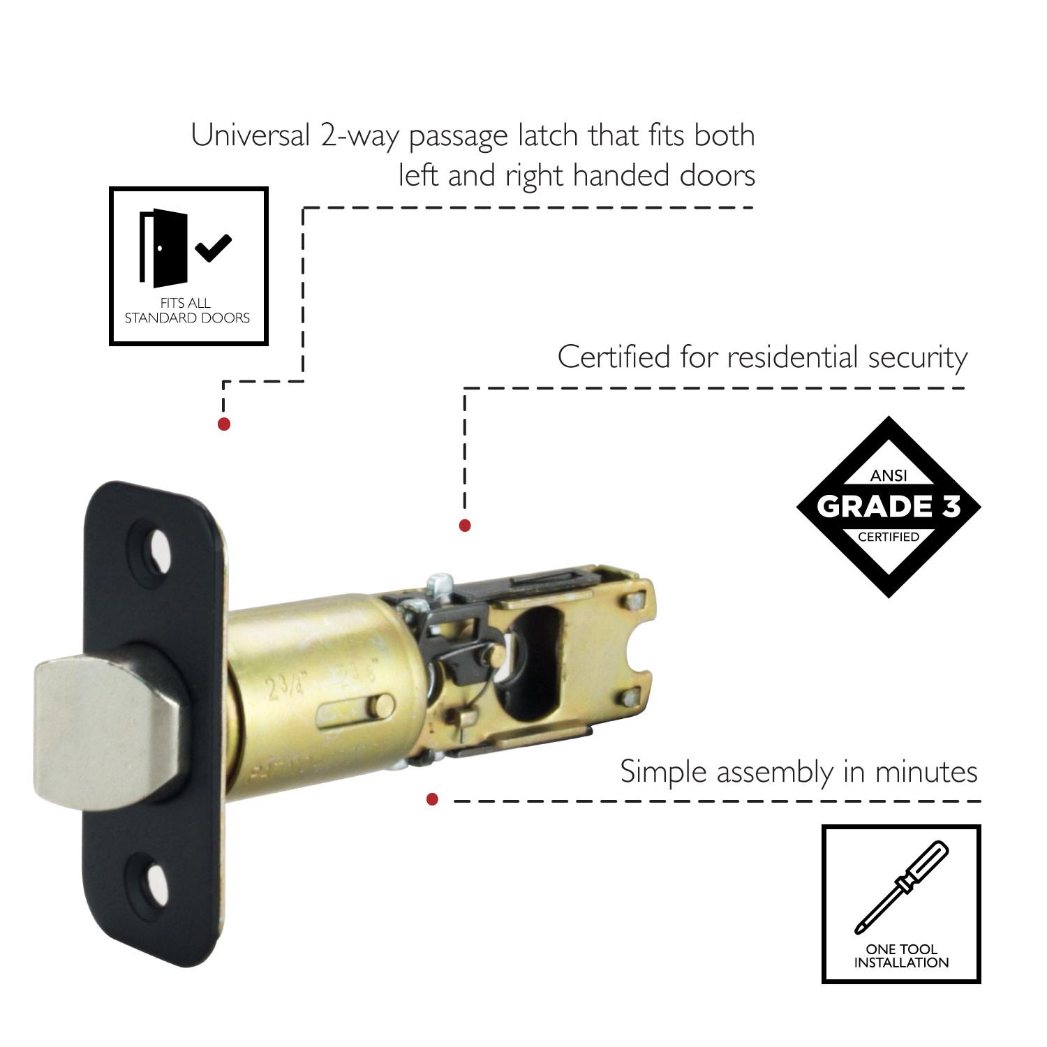 2Way Adjustable Passage Latch Round Corner Matte Black ǀ Hardware