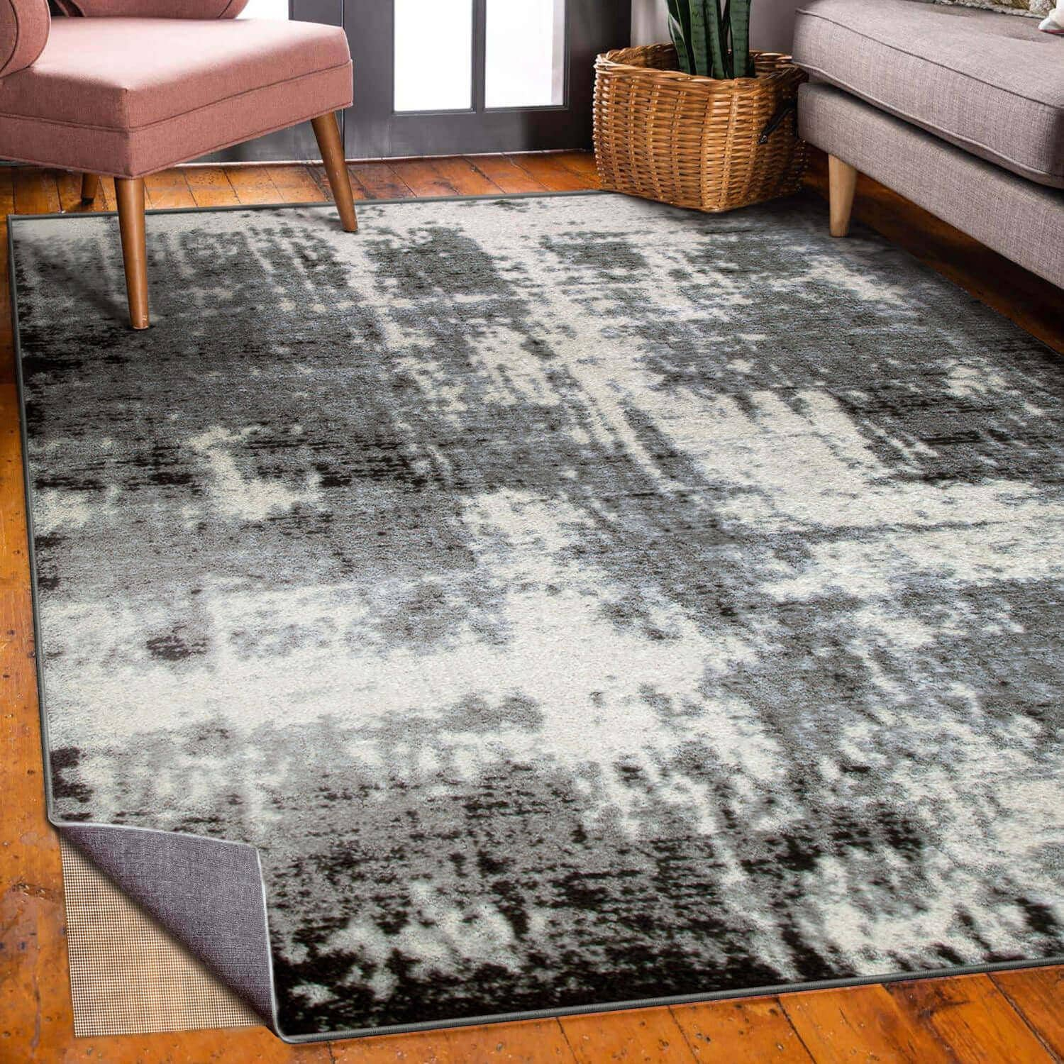 Leick Home Zielle Area Rug in Watercolor Gray with Rug Pad 5-Ft-3-In x 7-ft-7-in