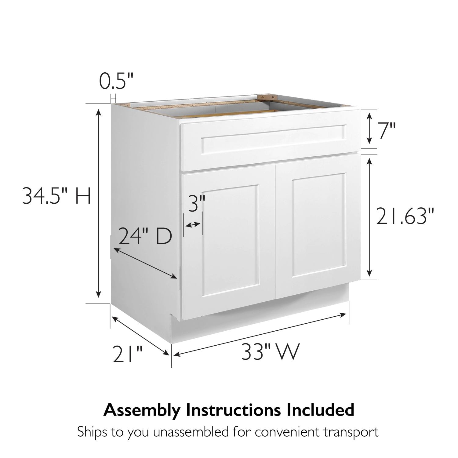 Brookings Base Kitchen Cabinet White 33 Inch by 34.5 Inch by 24