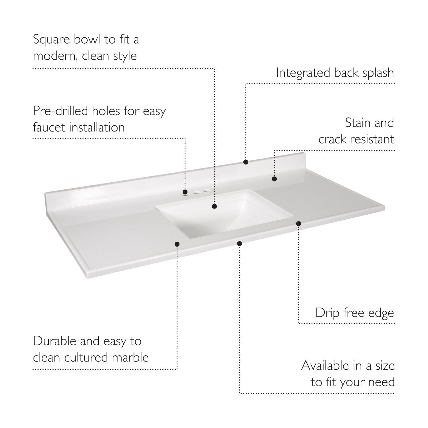 Camilla Cultured Marble White Vanity Top, 49 Inch x 22 Inch ǀ Bath ǀ