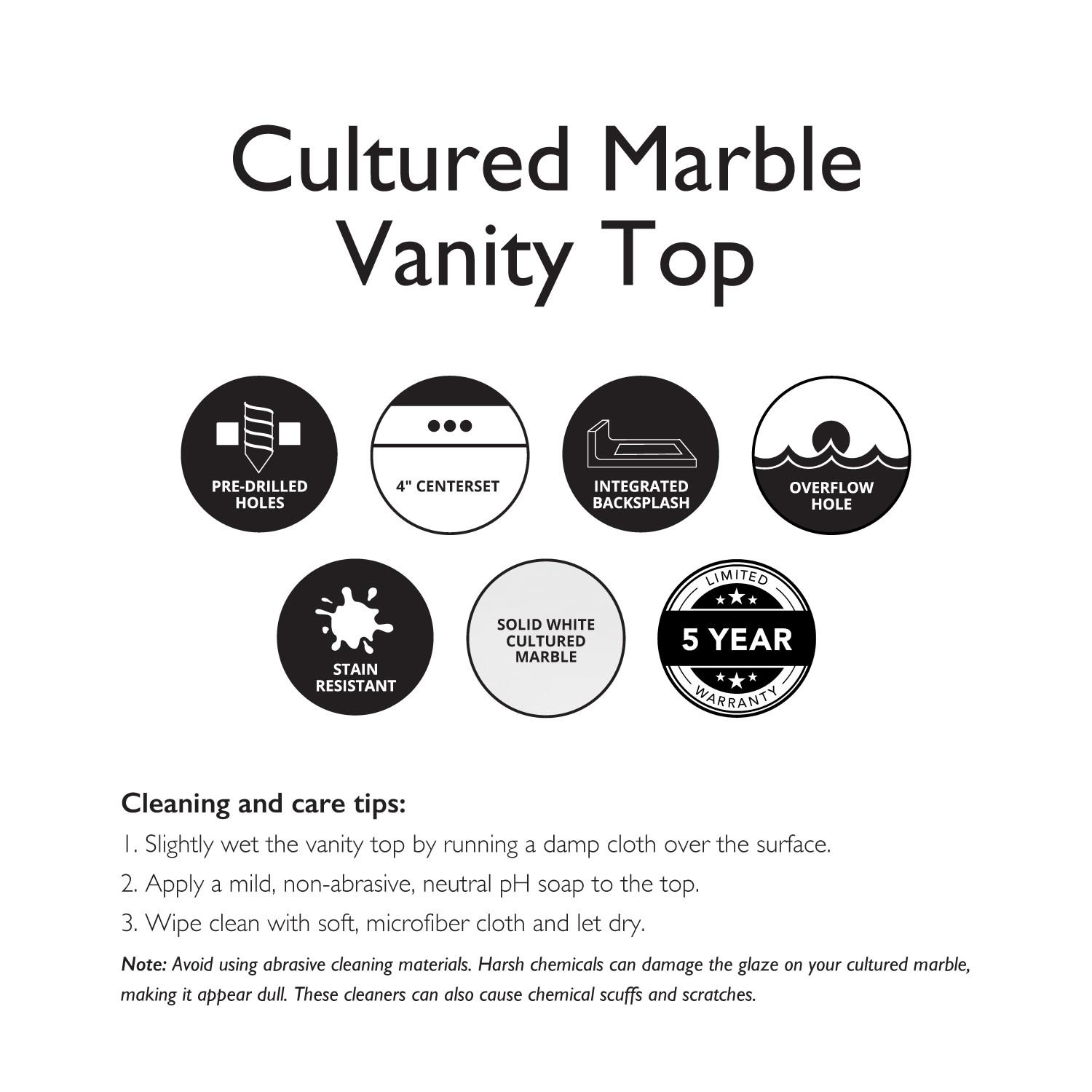 Camilla Cultured Marble White Vanity Top, 49 Inch x 22 Inch ǀ Bath ǀ