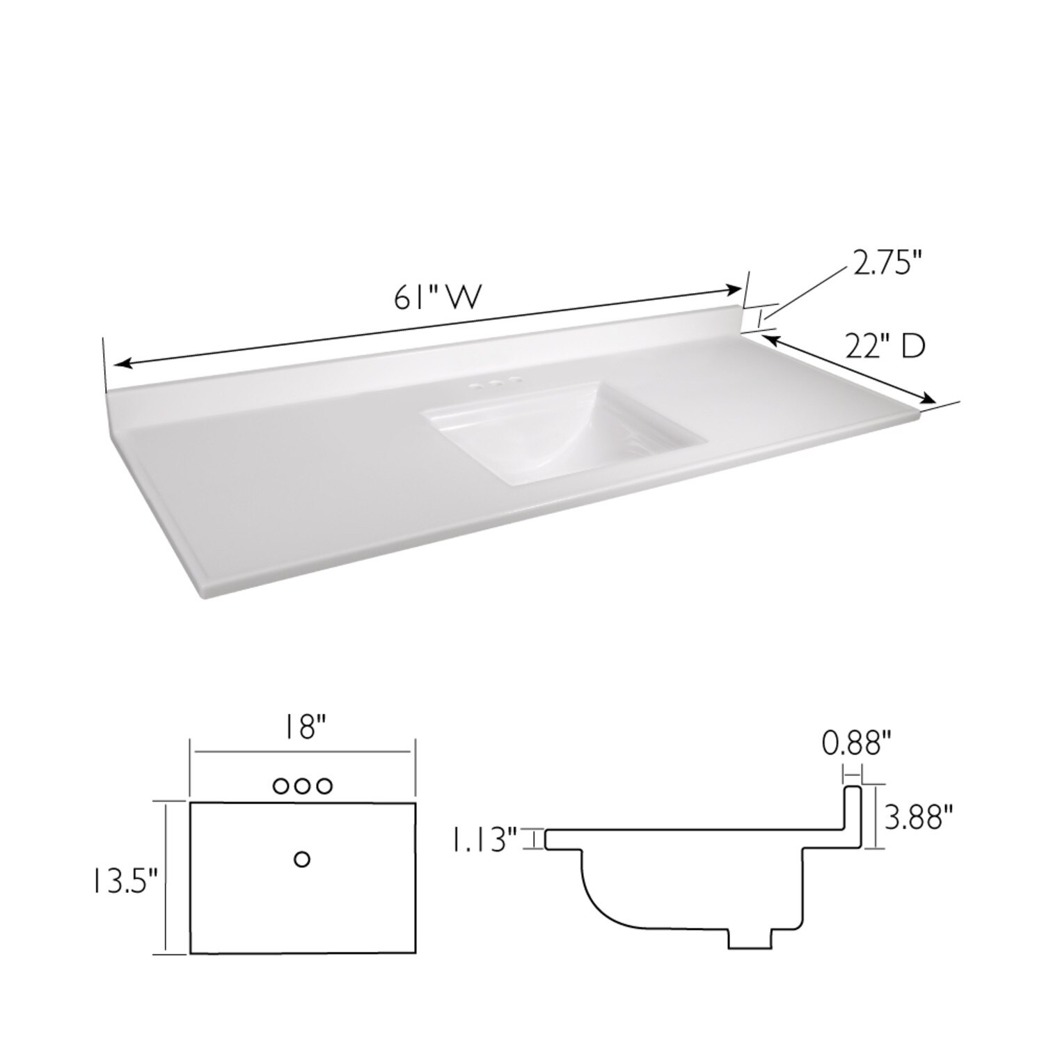 Camilla Cultured Marble White Vanity Top, 61 Inch x 22 Inch ǀ Bath ǀ