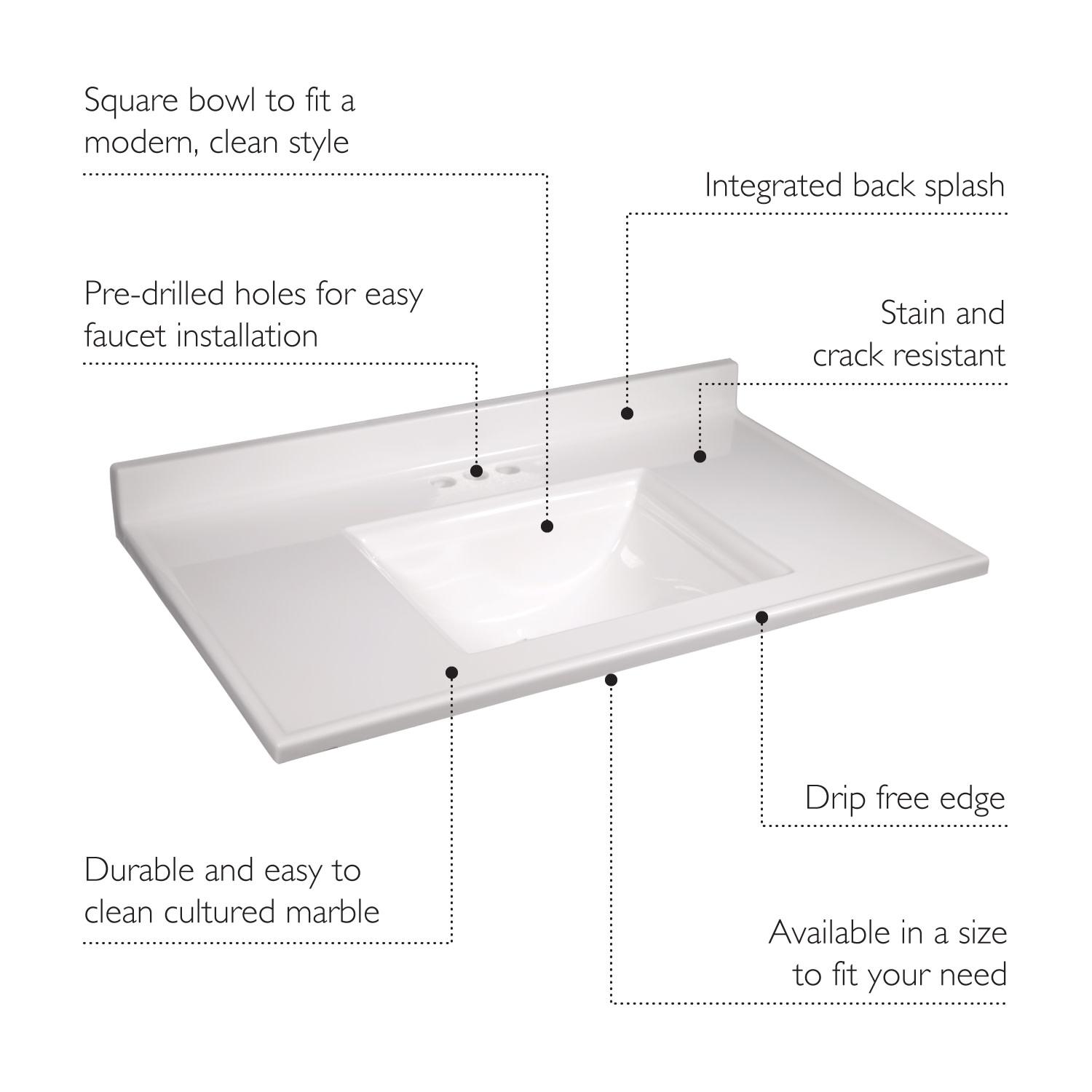 Camilla Solid White Marble Vanity Top, 37 Inch x 22 Inch ǀ Bath ǀ Today's Design House