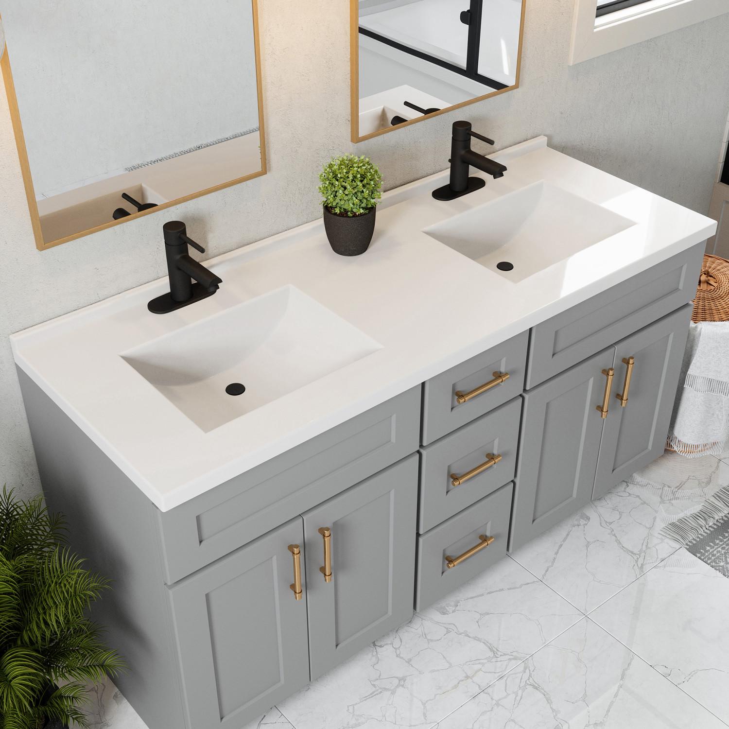 Camilla White Cultured Marble Double Bowl Vanity Top, 61 Inch x 22 Inch
