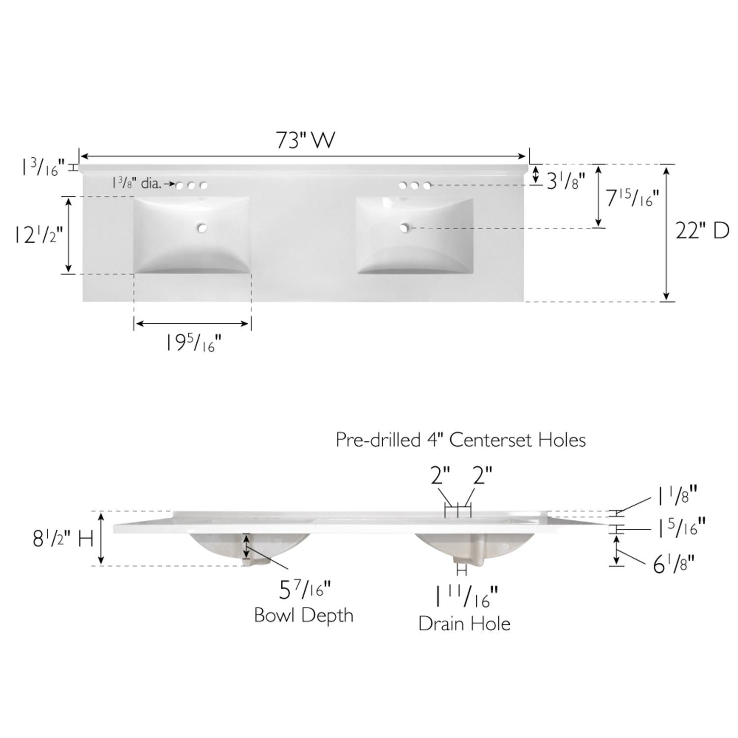 Camilla White Cultured Marble Vanity Top, 73 Inch x 22 Inch ǀ Bath ǀ