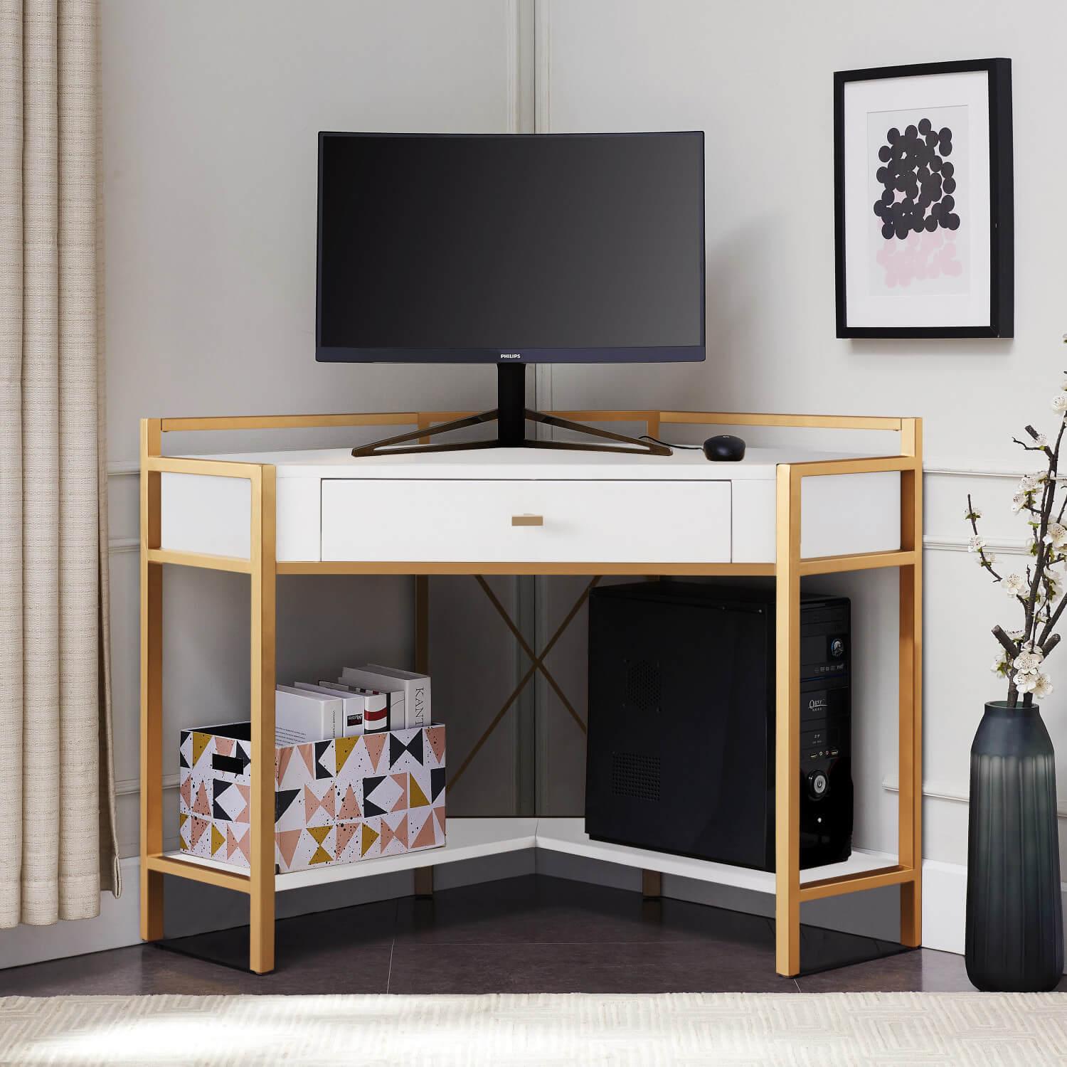 Leick Home Claudette Corner Desk Drop Front Keyboard Drawer White Gold