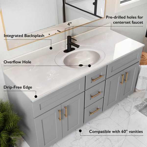 61 in. W Cultured Marble Vanity Top in Solid White with 4 in. Center Set Solid White Single Basin 61 in. W Cultured Marble Vanity Top in Solid White with 4 in. Center Set Solid White Single Basin