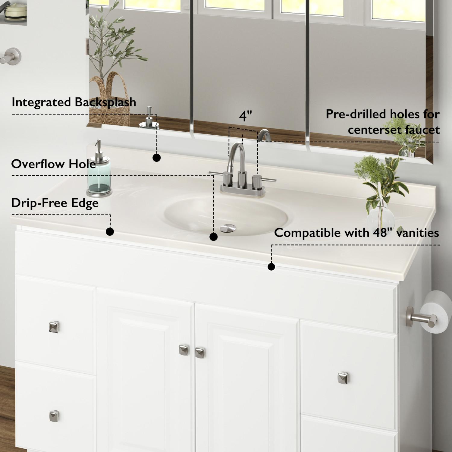 Cultured Marble White on White Vanity Top, 49 Inch x 19 Inch ǀ Bath ǀ