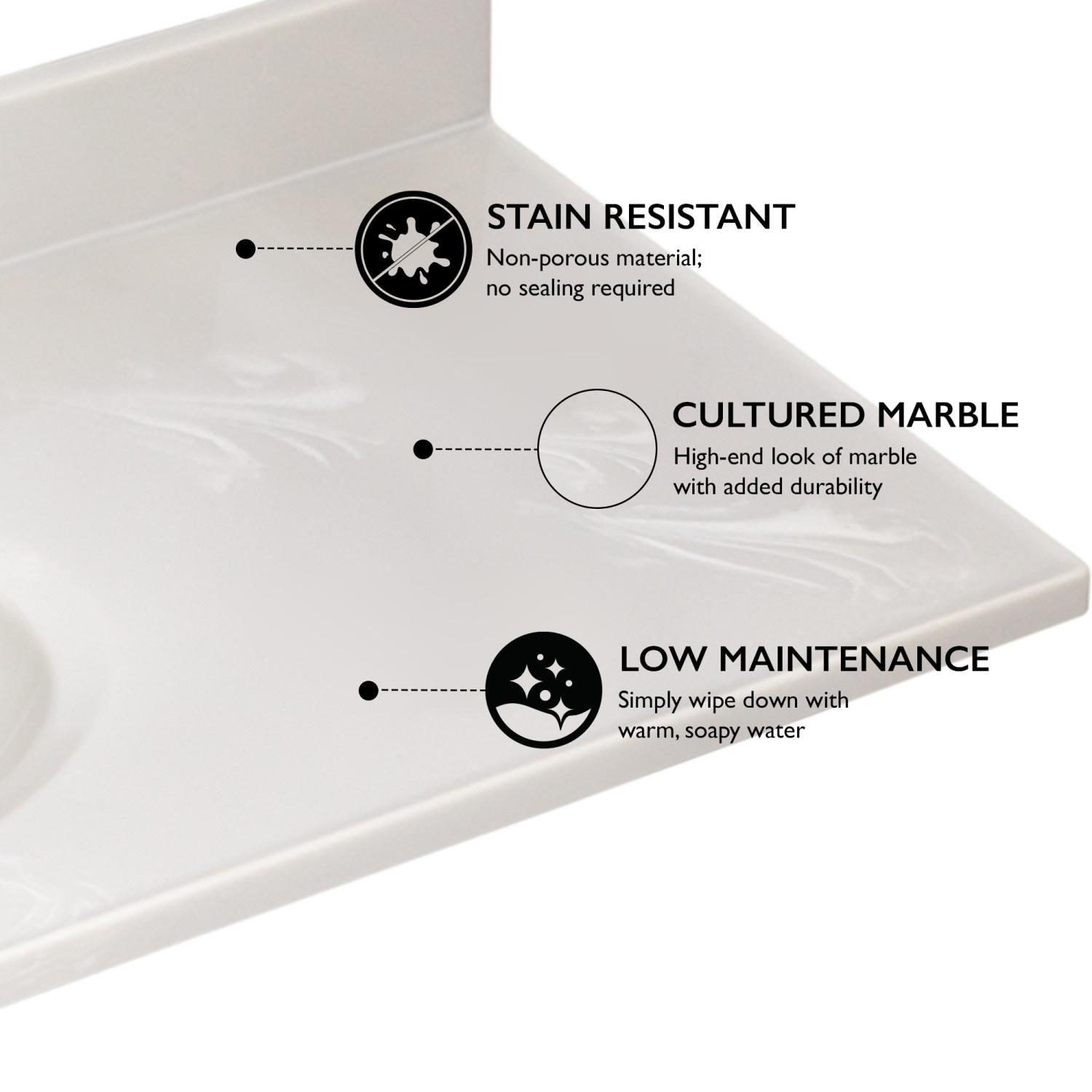 Cultured Marble White on White Vanity Top, 49 Inch x 19 Inch ǀ Bath ǀ