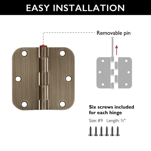 3-1/2 in. Antique Brass Steel Door Hinge 5/8 in. Corner Radius with Screws (12-Pack) 3-1/2 in. Antique Brass Steel Door Hinge 5/8 in. Corner Radius with Screws (12-Pack)