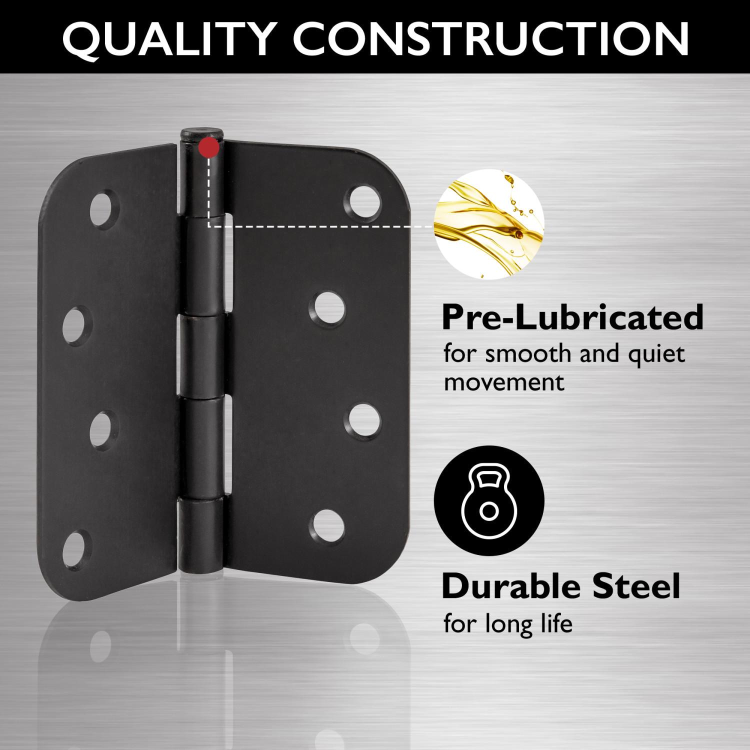 6-Pack Matte Black Door Hinges - 4 Inch Square Design With 5/8 Radius Corner