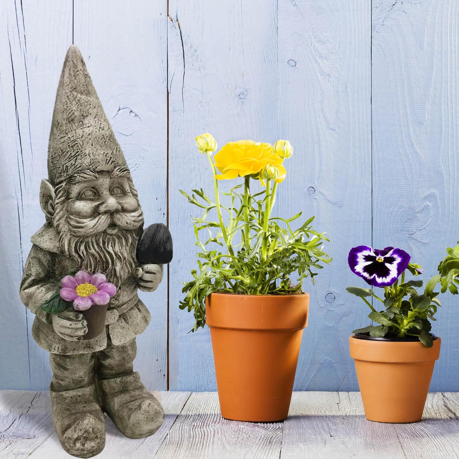 Gnome with Flower Pot and Shovel Figurine 18.5 Inch ǀ Outdoor