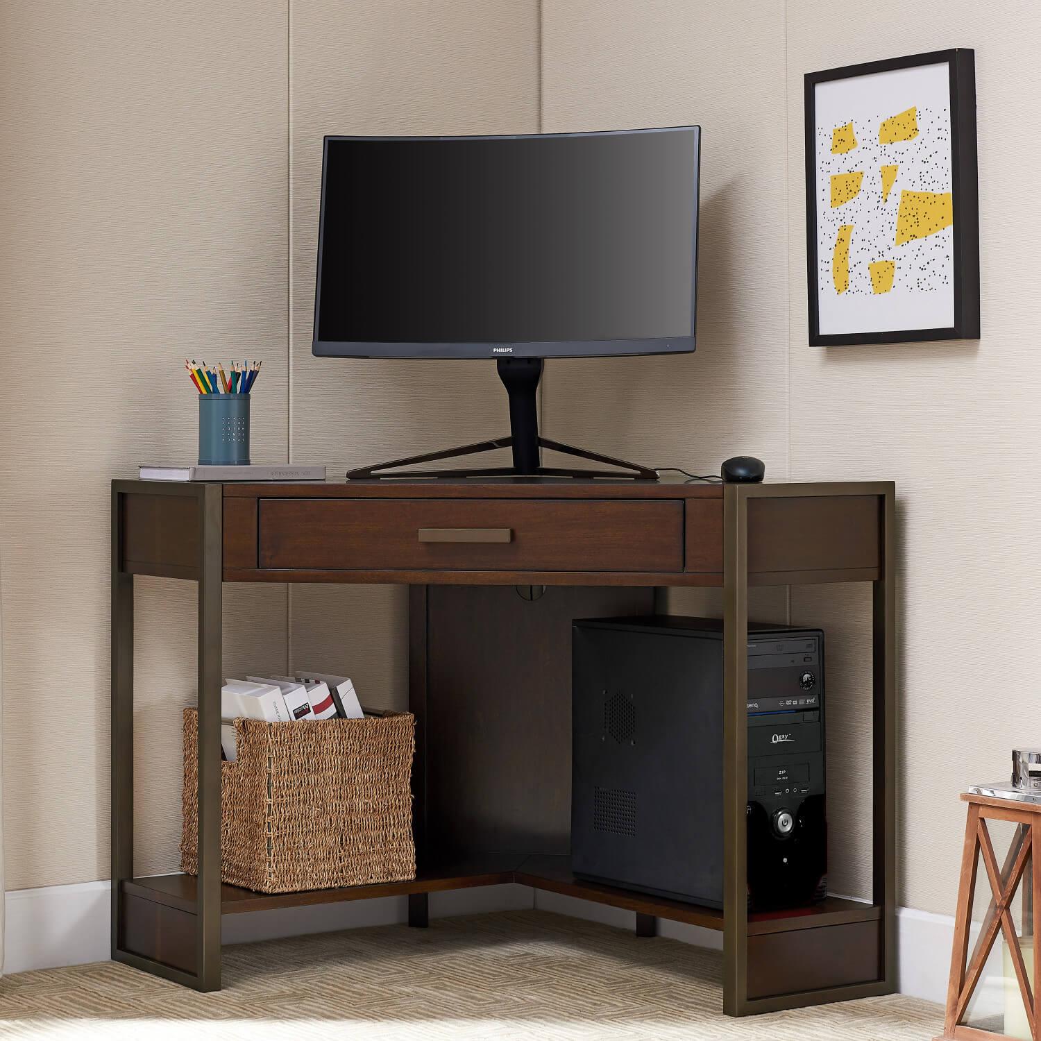 Leick Home Metal Wood Corner Desk Espresso and Gold ǀ Furniture ǀ Today