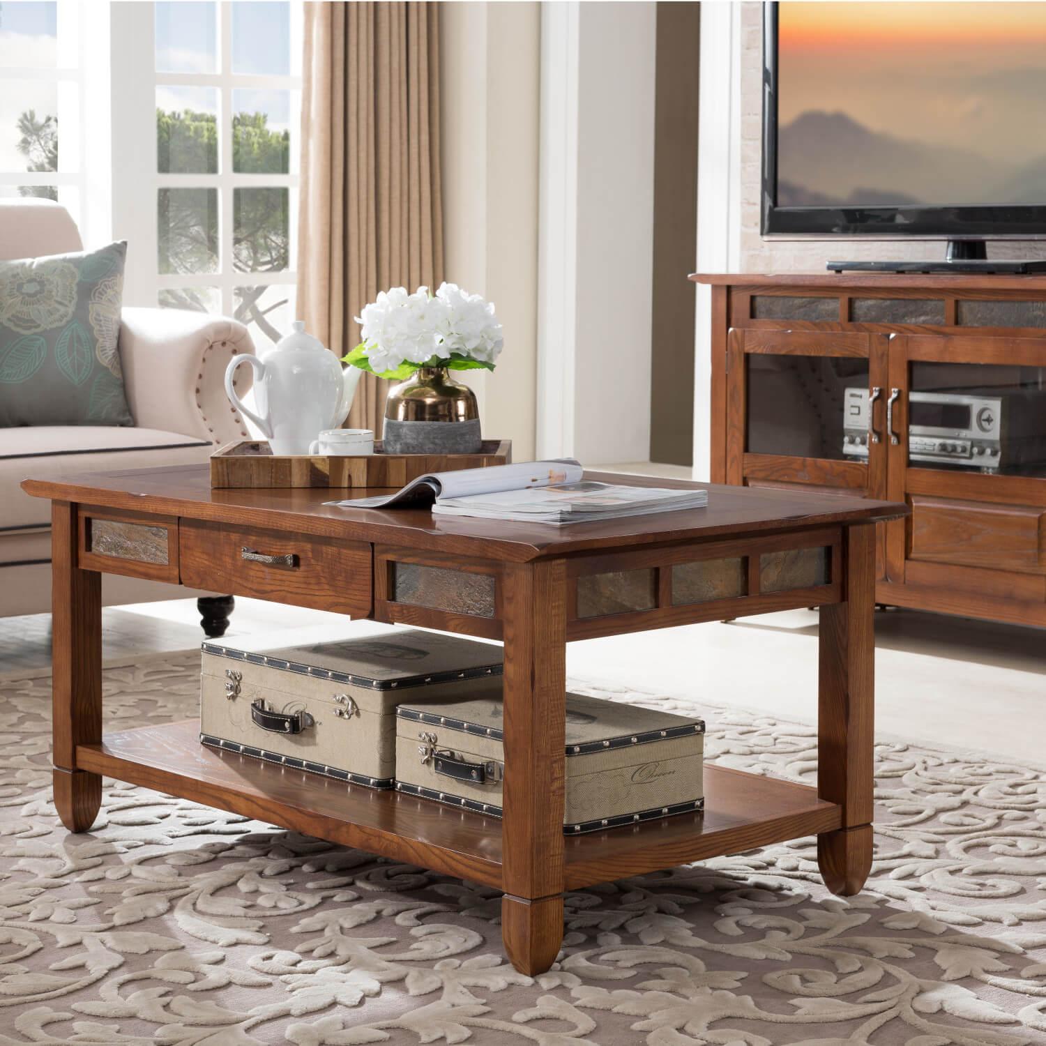 Leick Home Slate Tile Coffee Table Rustic Oak ǀ Furniture ǀ Today's
