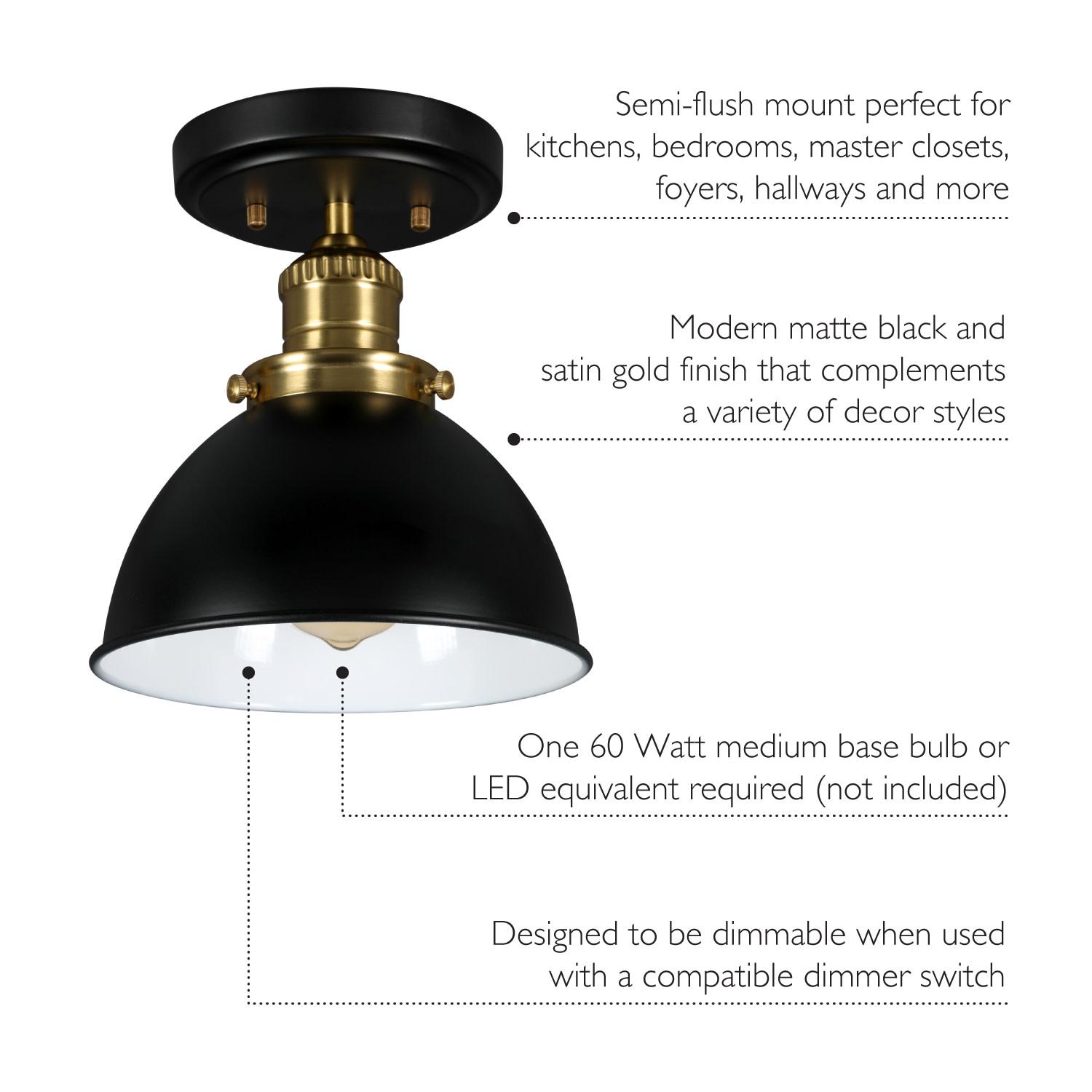 Savannah Matte Black and Satin Gold 1 Light Semi Flush Ceiling Mount ǀ  Lighting & Ceiling Fans ǀ Today's Design House