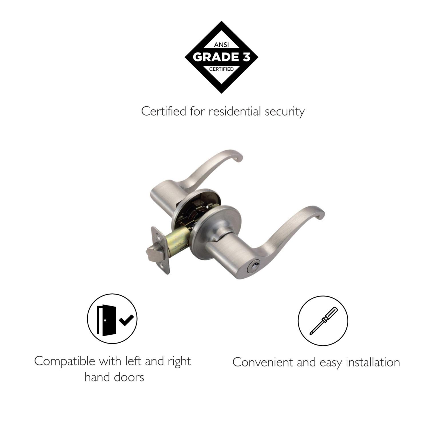 Lock Scout Wave Lever Keyed Entry Door Handle – Satin Nickel Finish, Adjustable For DIY Installation