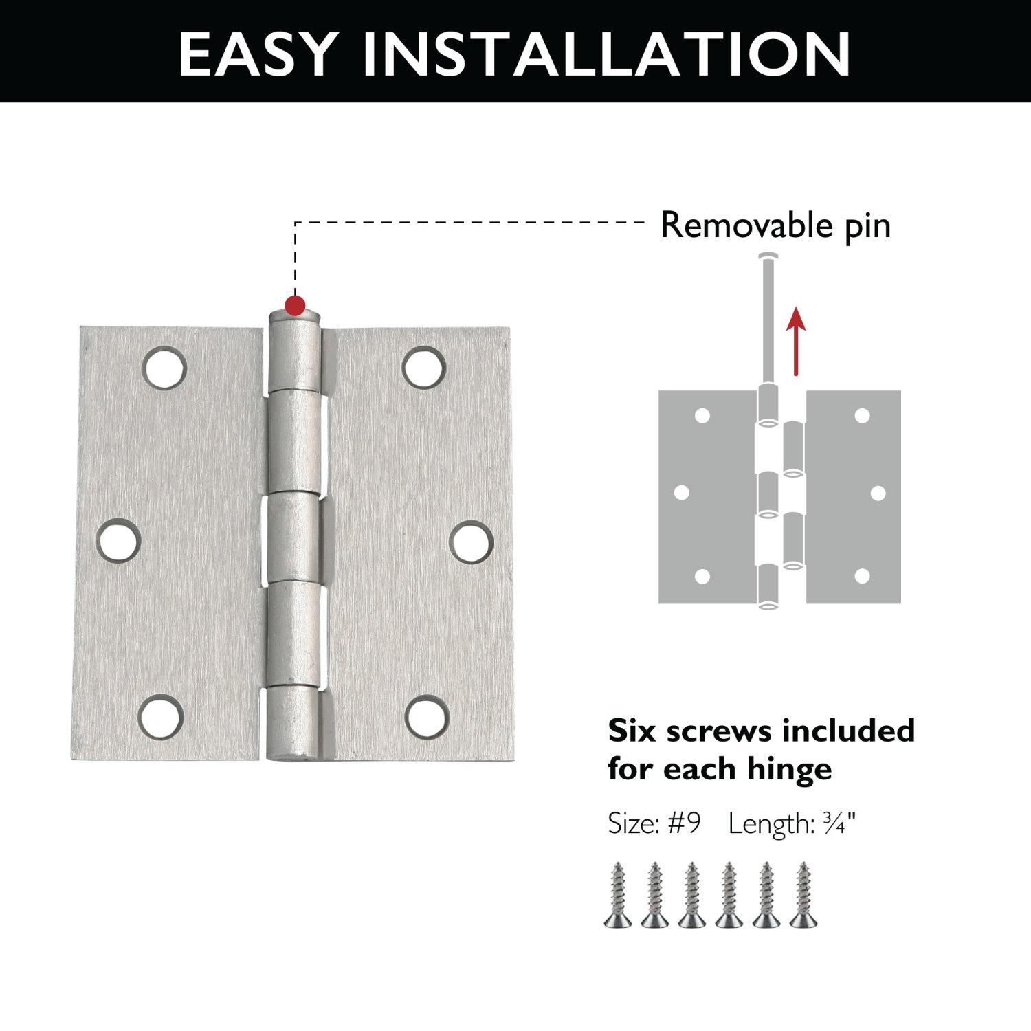 Square Corner Door Hinge Satin Nickel 3.5 Inch 10 Pack ǀ